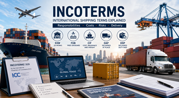 International godstransport med containere, lastbiler, skibe og logistikfolk, der forklarer Incoterms til global handel